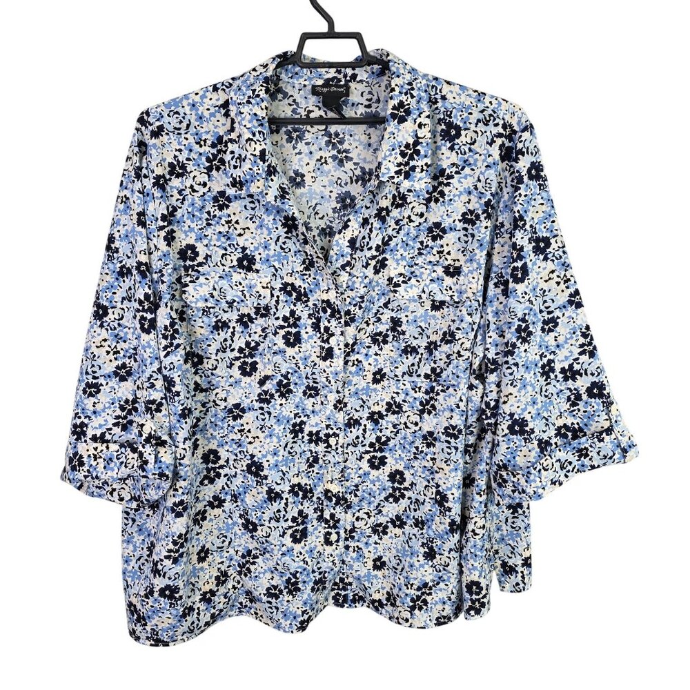 Womens Maggie Barnes Blue Floral Button Up Shirt 3/4 Sleeves Plus Size 5X
